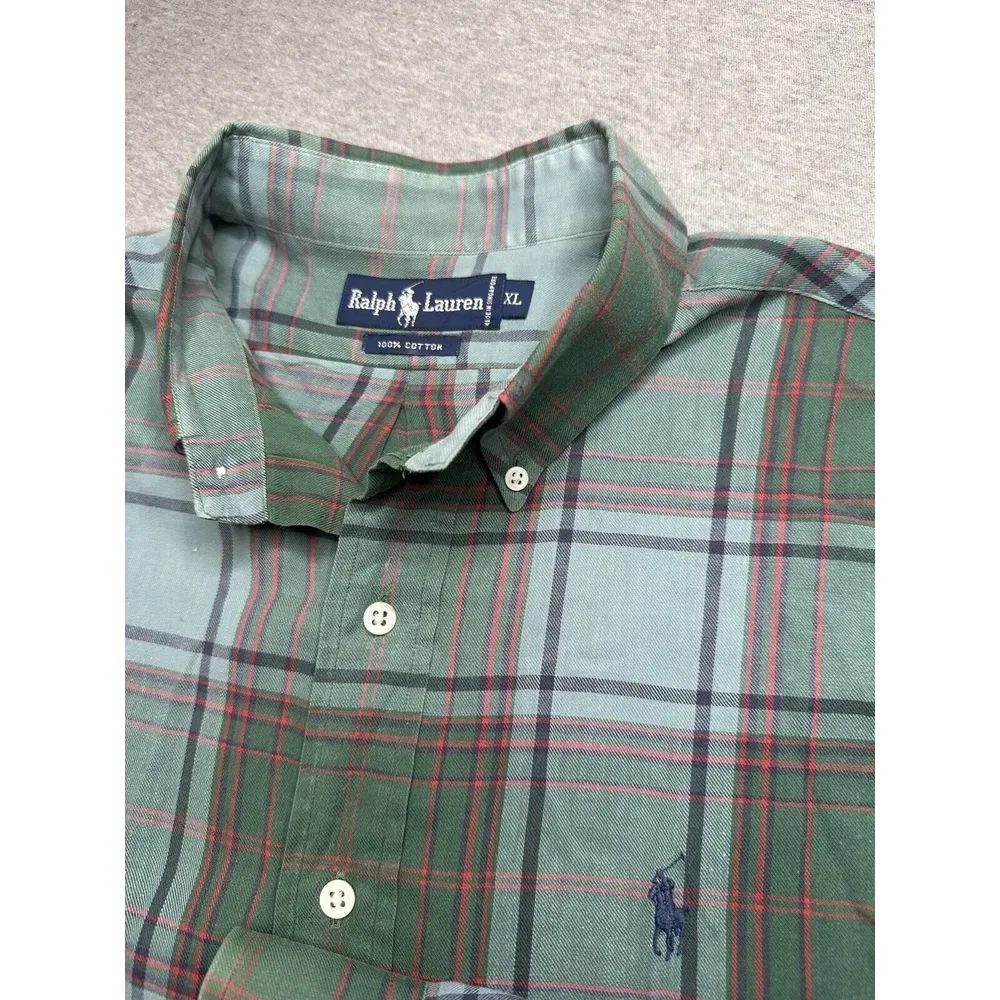 Polo Ralph Lauren Men's XL Green‎ & Blue Red Plaid Long Sleeve Shirt Pony